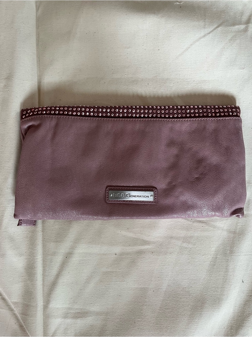 BCBGeneration Mauve Pink Leather Clutch with Crystal Accent